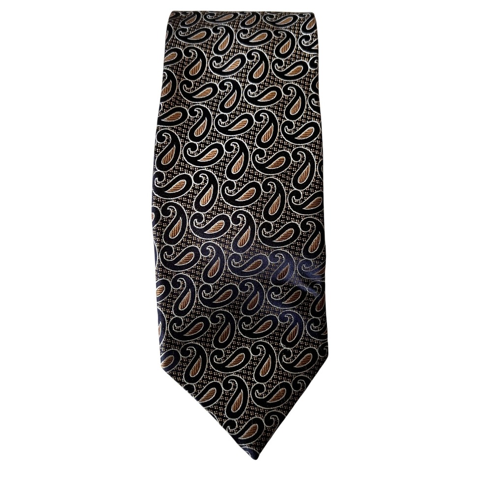 Ermenegildo Zegna Mens Silk‎ Tie Black Gold Silver Paisley Made in Italy Formal